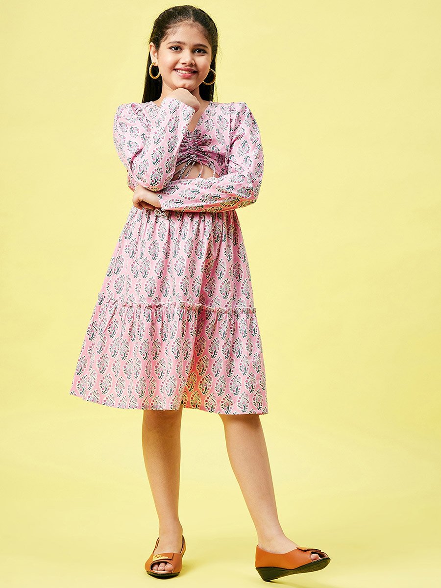 Block Printed V Neck Dress with Cut Out Detail