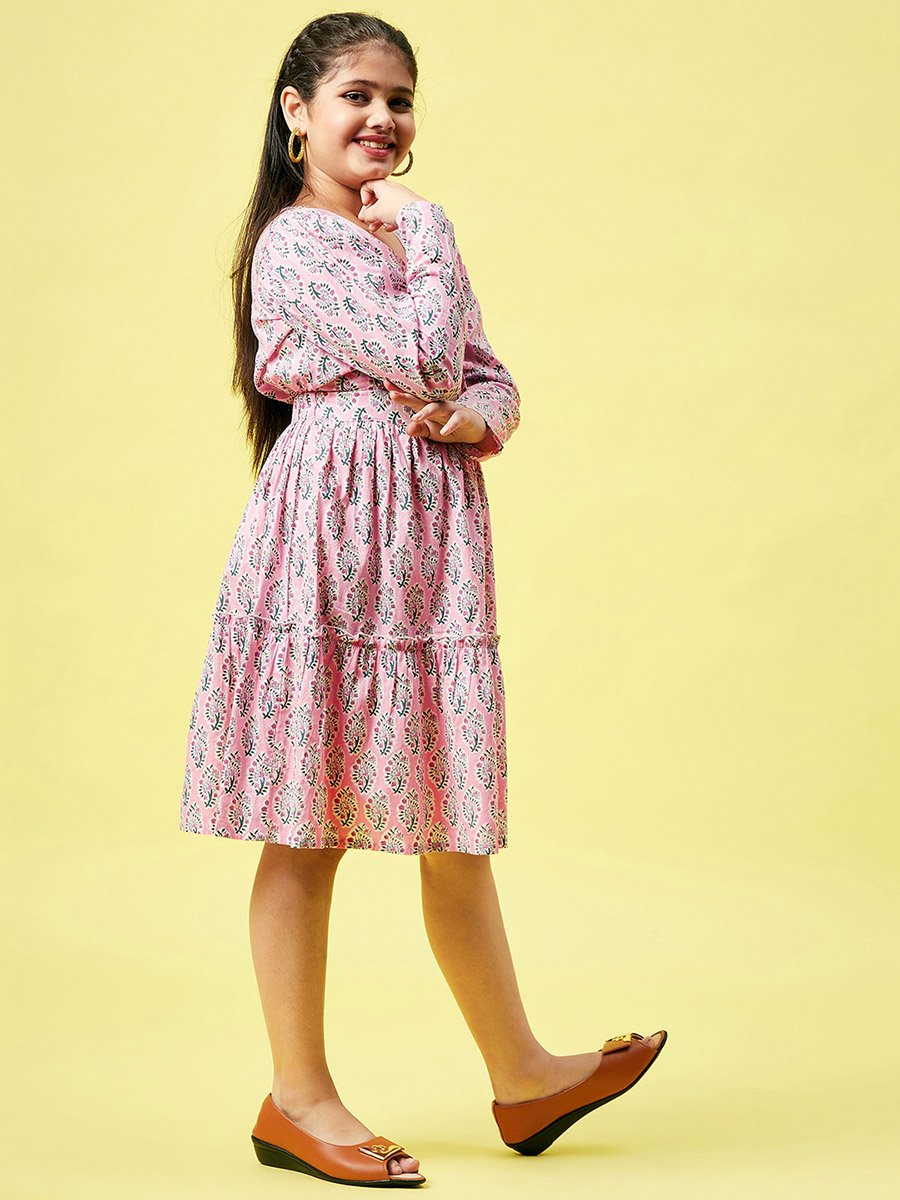 Block Printed V Neck Dress with Cut Out Detail
