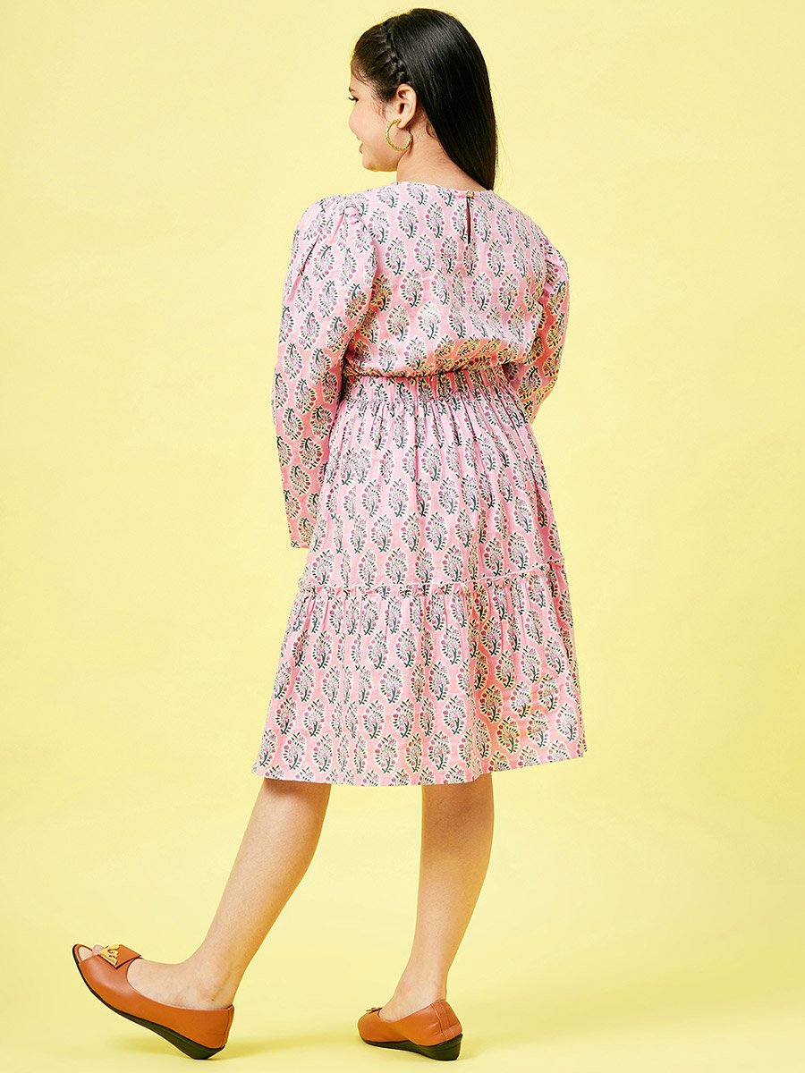 Block Printed V Neck Dress with Cut Out Detail