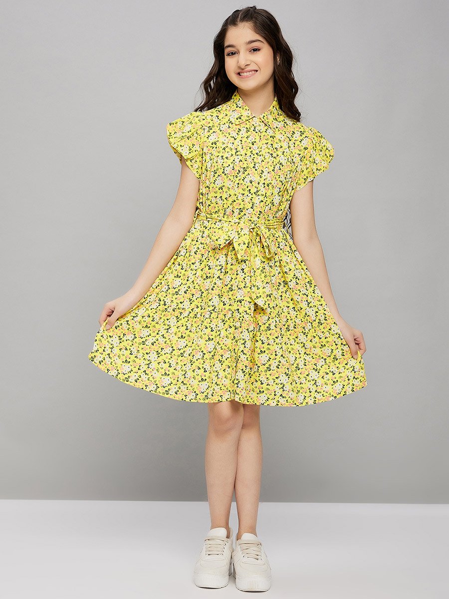 Floral Print Collared Dress with Belt