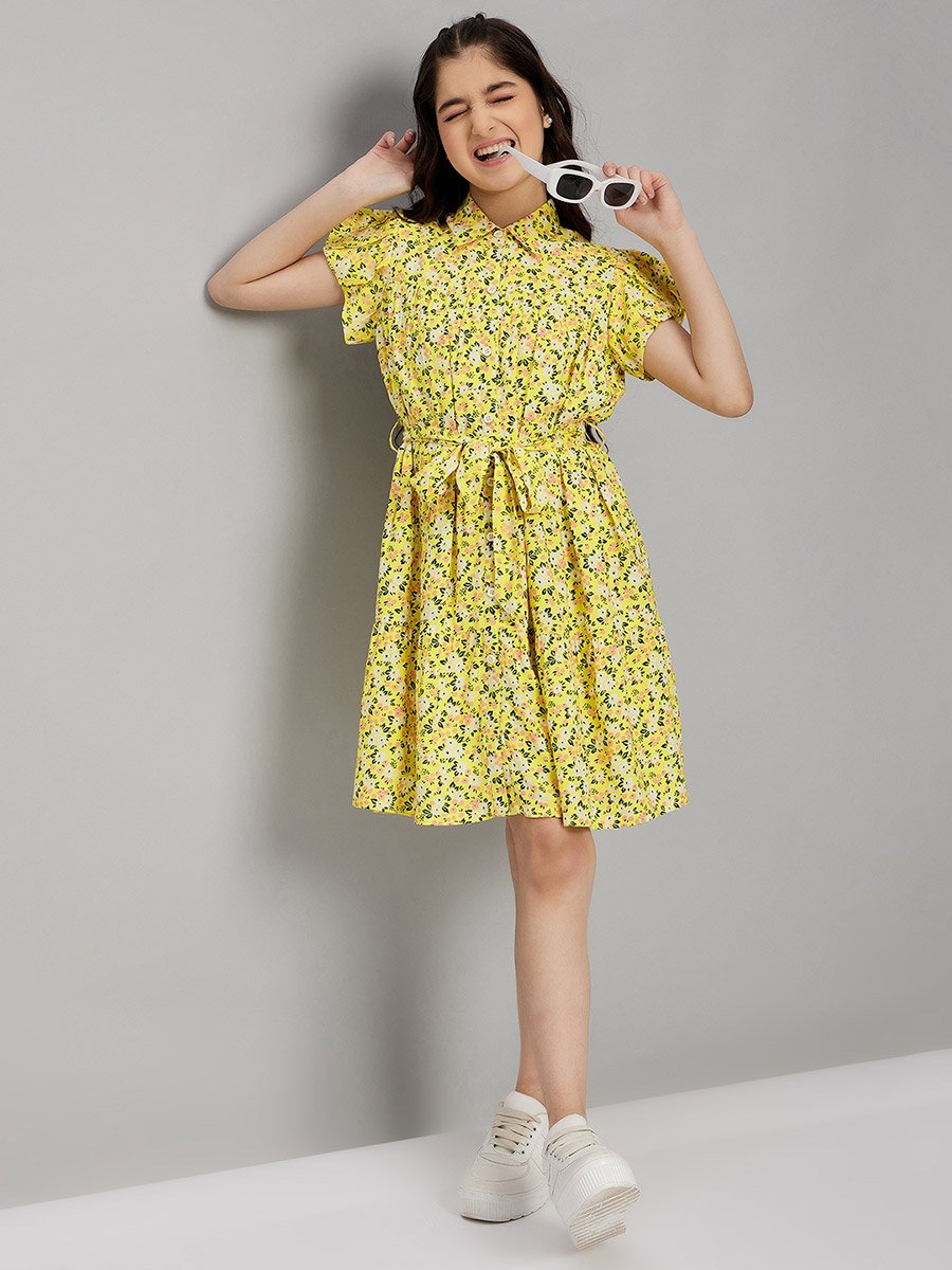 Floral Print Collared Dress with Belt