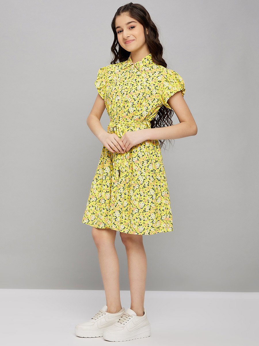 Floral Print Collared Dress with Belt