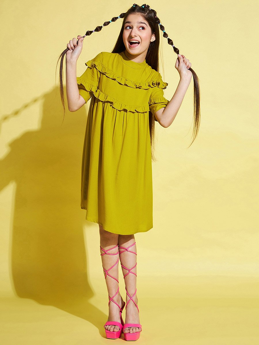 Solid High Neck Ruffled Detail Dress