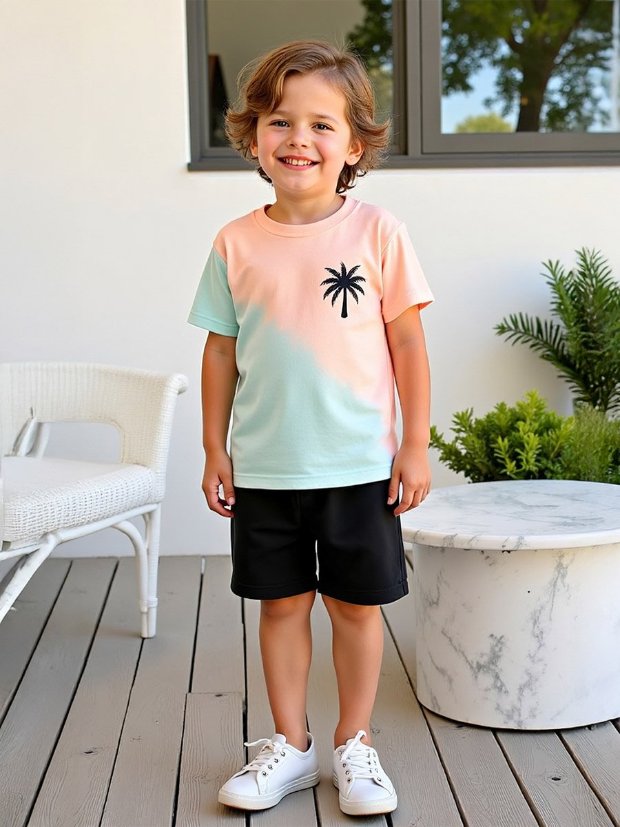 Kids 2pcs Multicolor Palm Tree Printed T-Shirt and Shorts Set