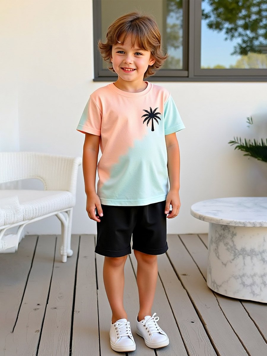 Kids 2pcs Multicolor Palm Tree Printed T-Shirt and Shorts Set