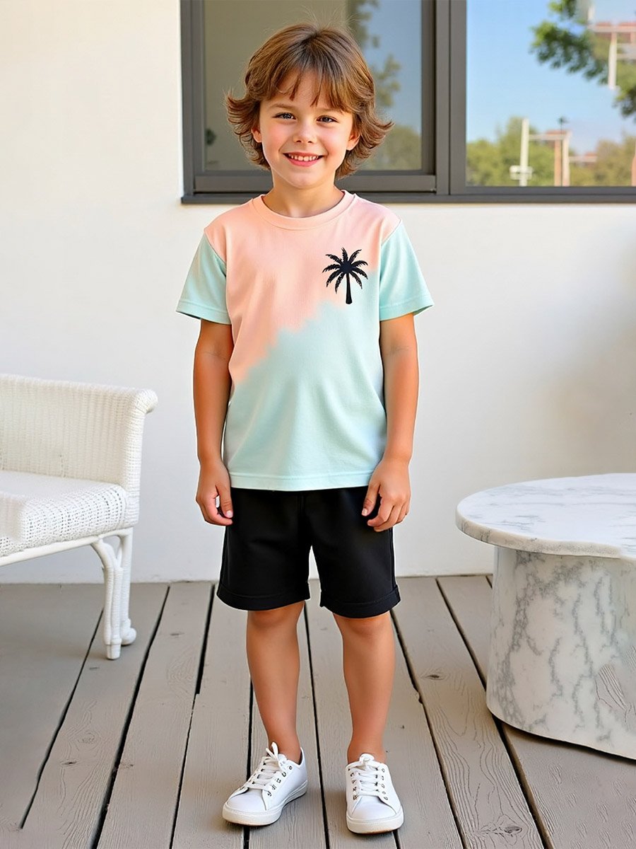 Kids 2pcs Multicolor Palm Tree Printed T-Shirt and Shorts Set