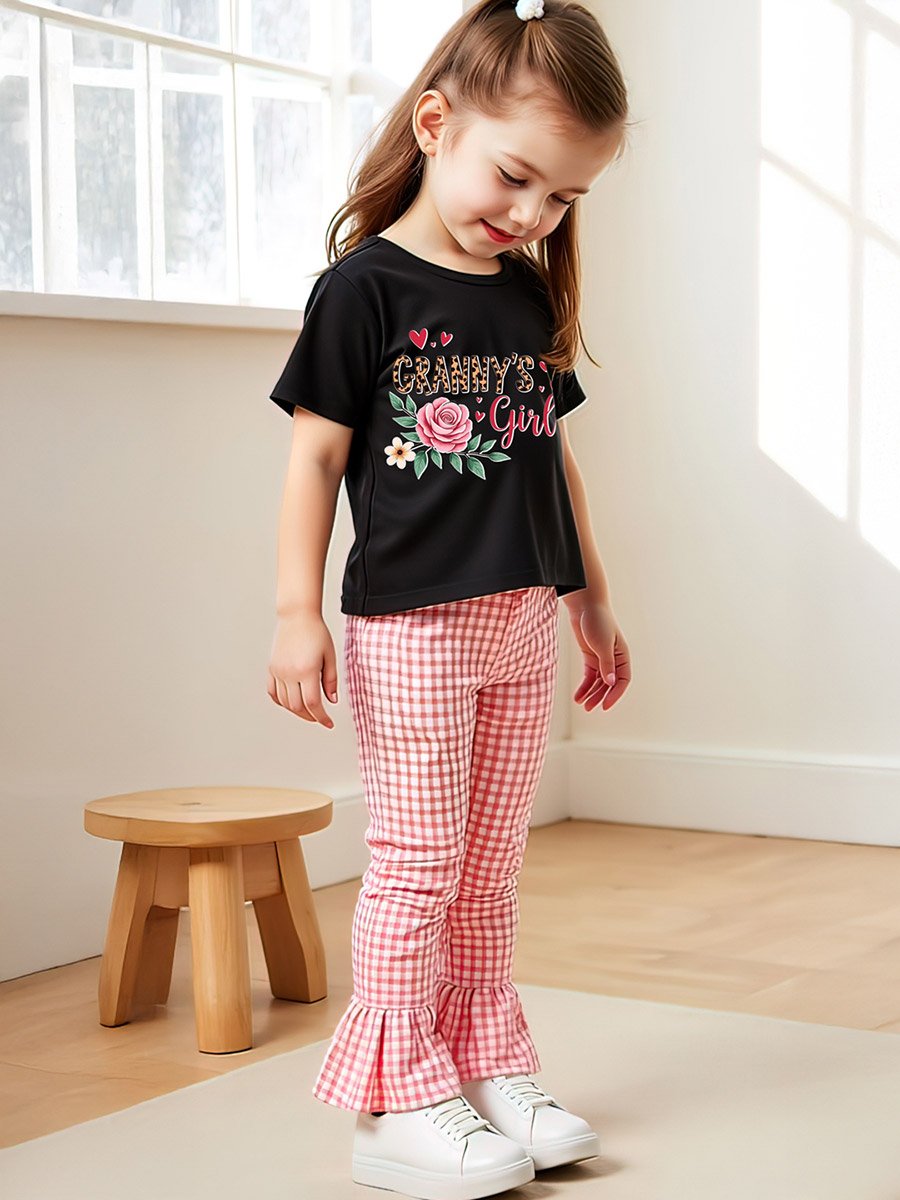 Kids 2pcs Graphic Print Short Sleeve T-Shirt and Checked Pants