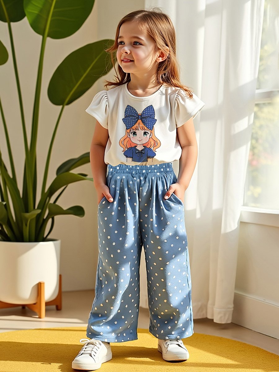Kids Blue Polka Dot Printed T-Shirt and Wide Leg Pant Pack of 2