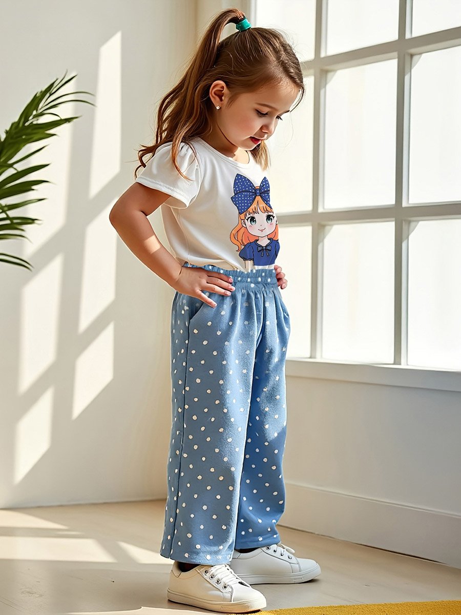 Kids Blue Polka Dot Printed T-Shirt and Wide Leg Pant Pack of 2
