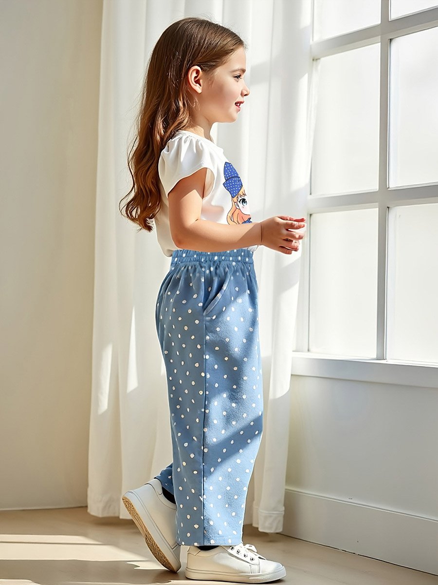 Kids Blue Polka Dot Printed T-Shirt and Wide Leg Pant Pack of 2
