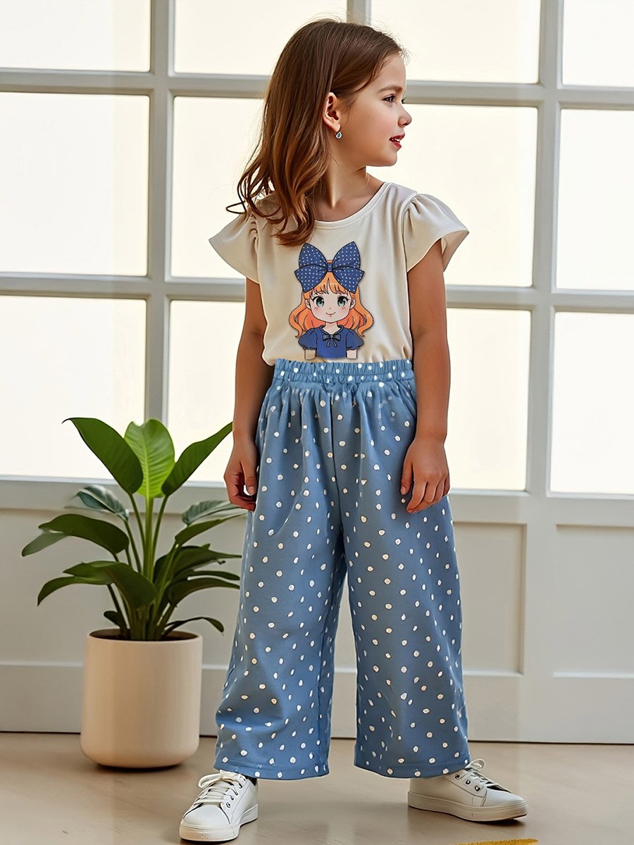 Kids Blue Polka Dot Printed T-Shirt and Wide Leg Pant Pack of 2