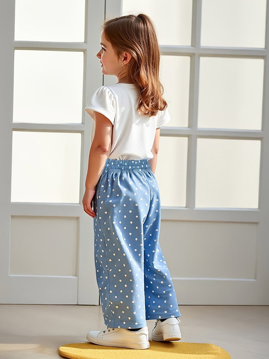 Kids Blue Polka Dot Printed T-Shirt and Wide Leg Pant Pack of 2