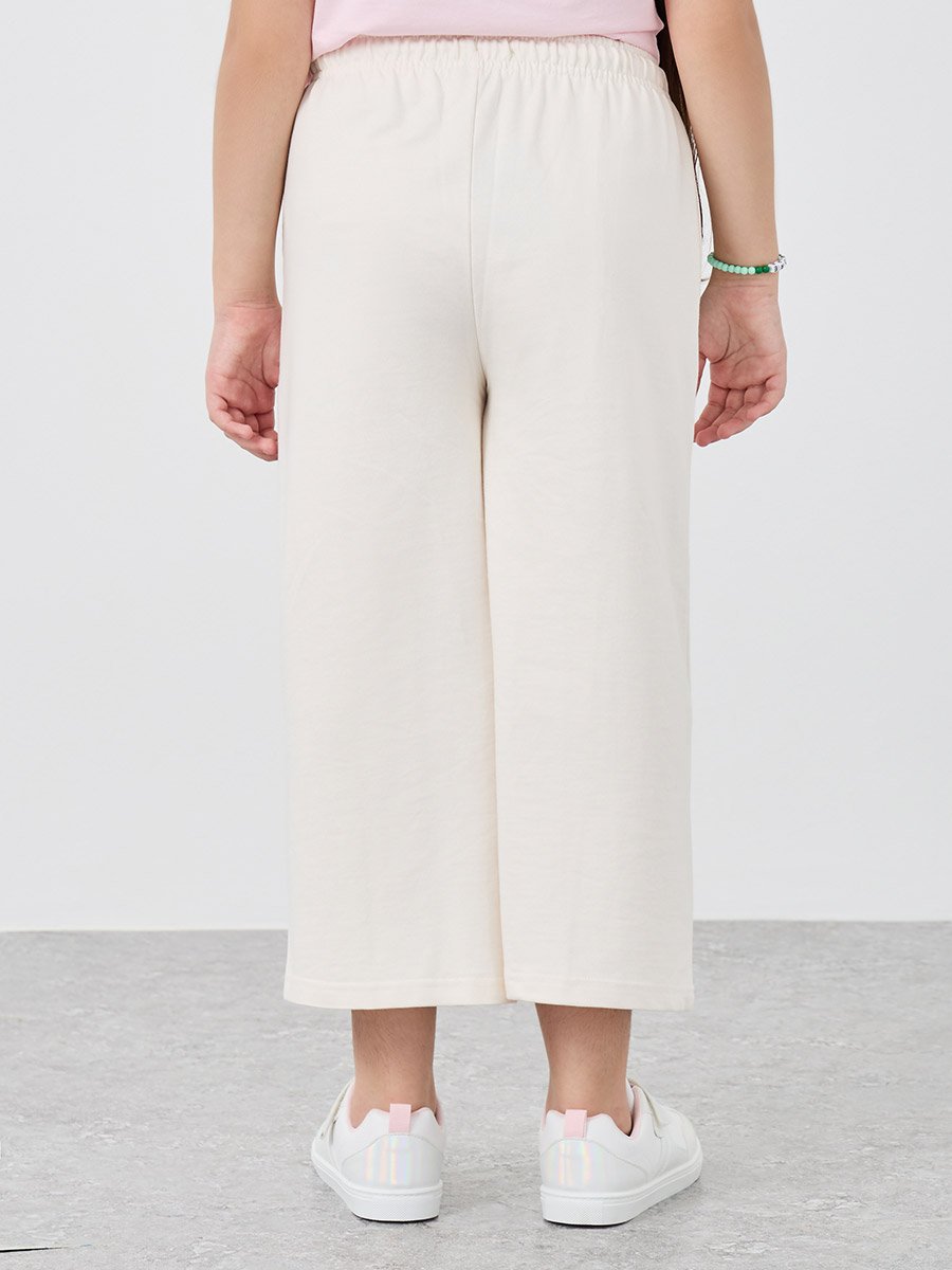Girls Beige Solid Pintuck Wide Leg Culottes
