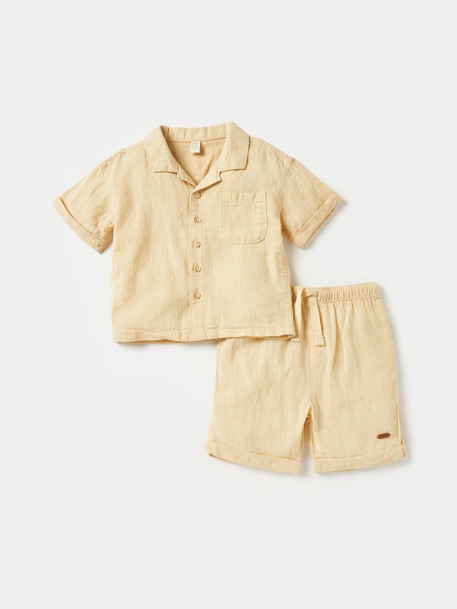 Solid Camp Collar Shirt and Elasticated Shorts Set