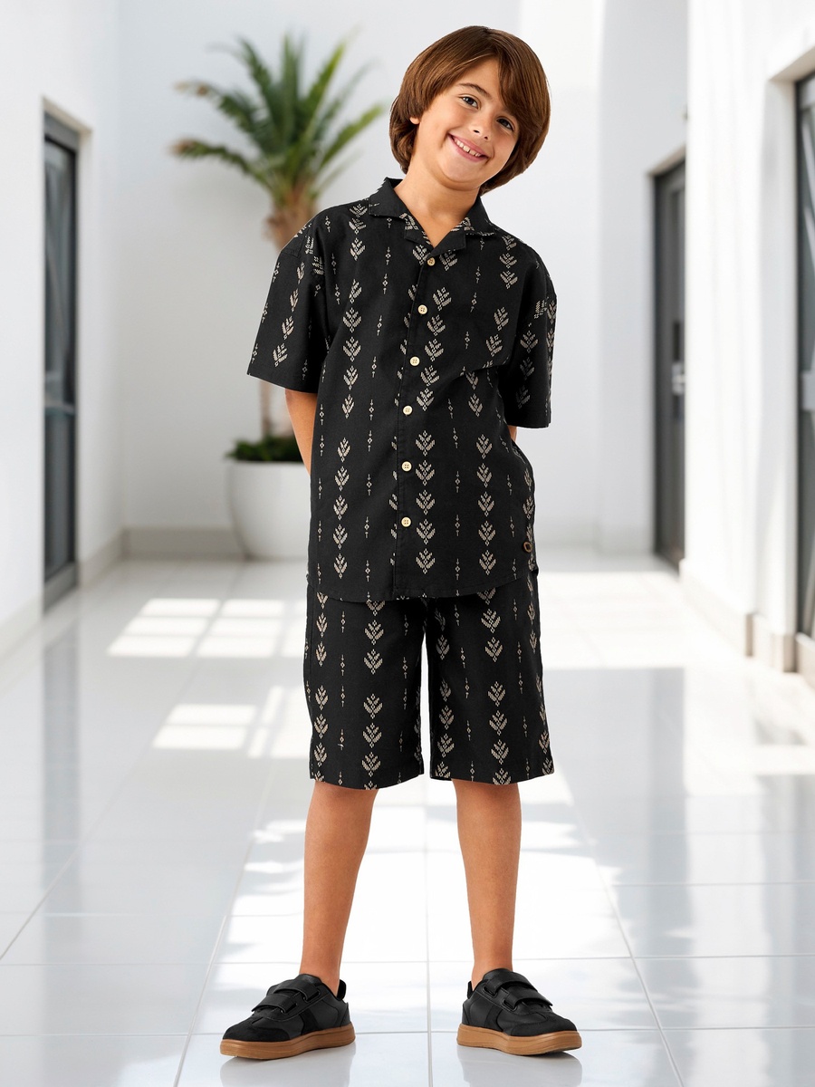 Printed Collared Shirt and Shorts Set