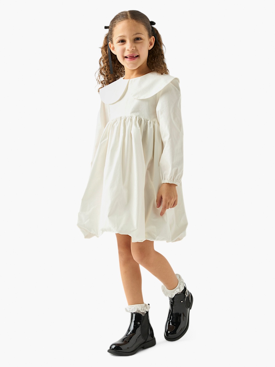 Solid Peter Pan Collar A-line Dress with Long Sleeves