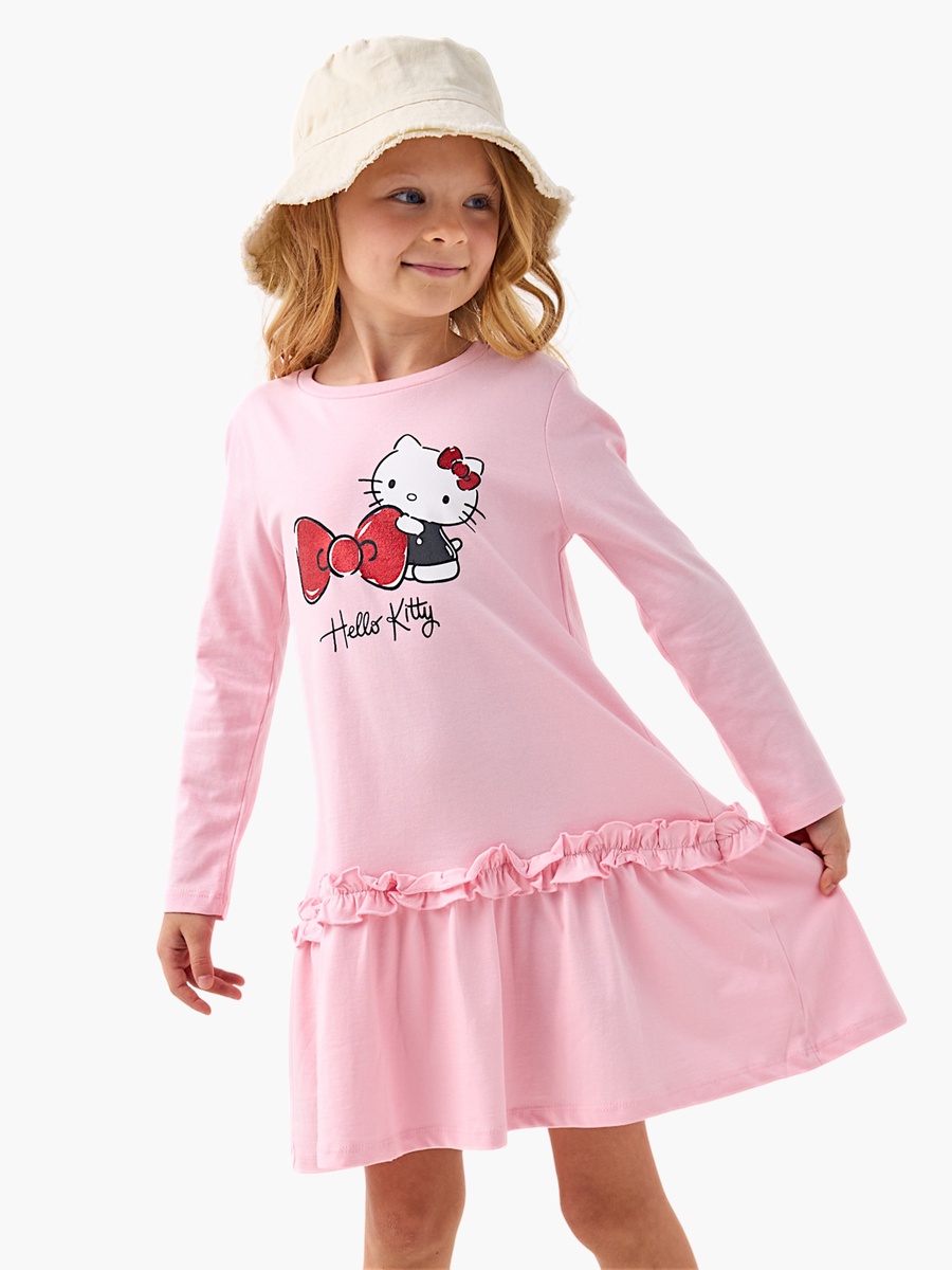 Hello Kitty Print Drop Waist Dress with Long Sleeves and Crew Neck For Default Category at Kuwait | Styli Hello Kitty Print Drop Waist Dress with Long Sleeves and Crew Neck For Default Category at Kuwait | Styli