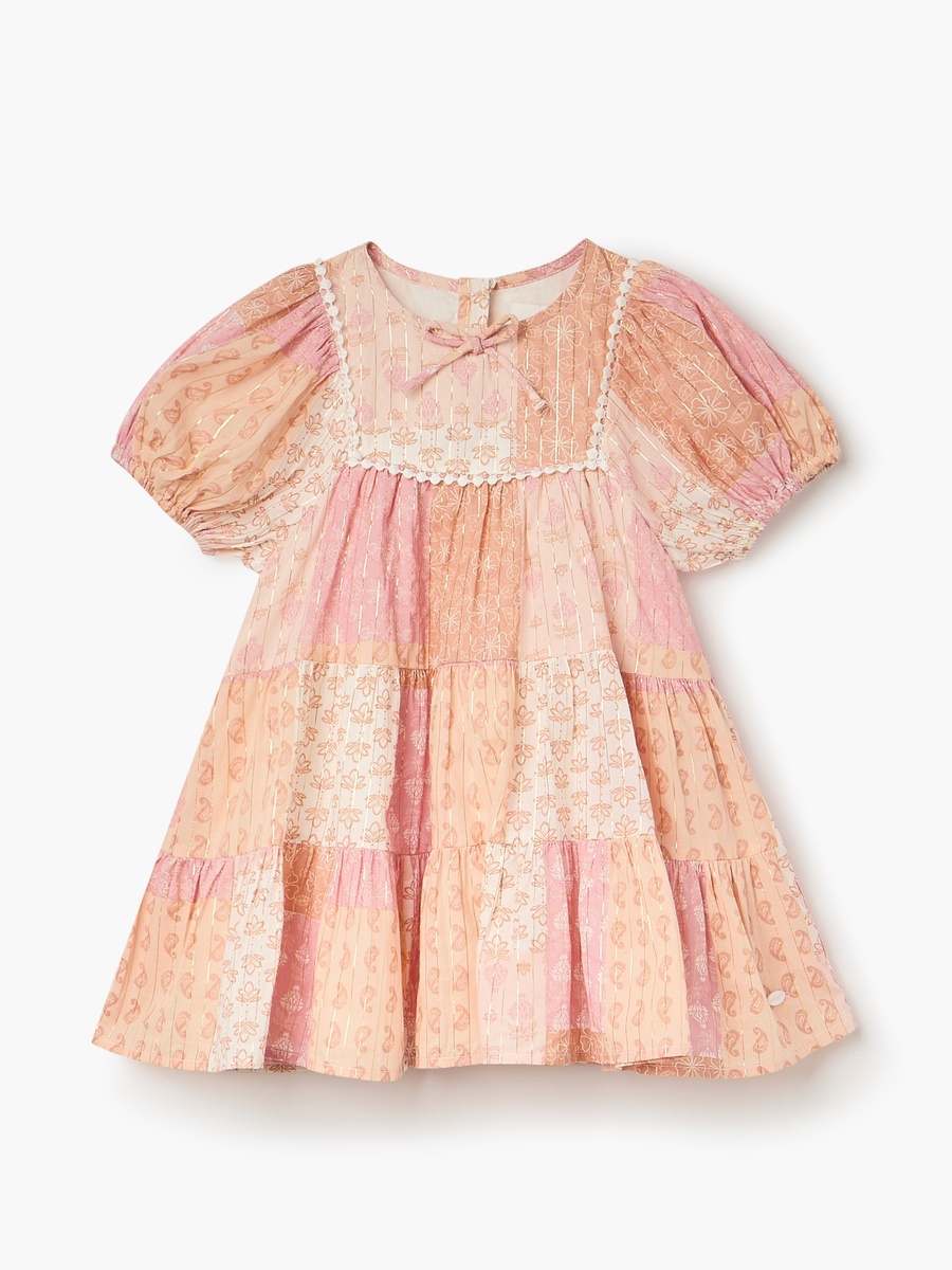 All-Over Print Tiered Dress with Puff Sleeves