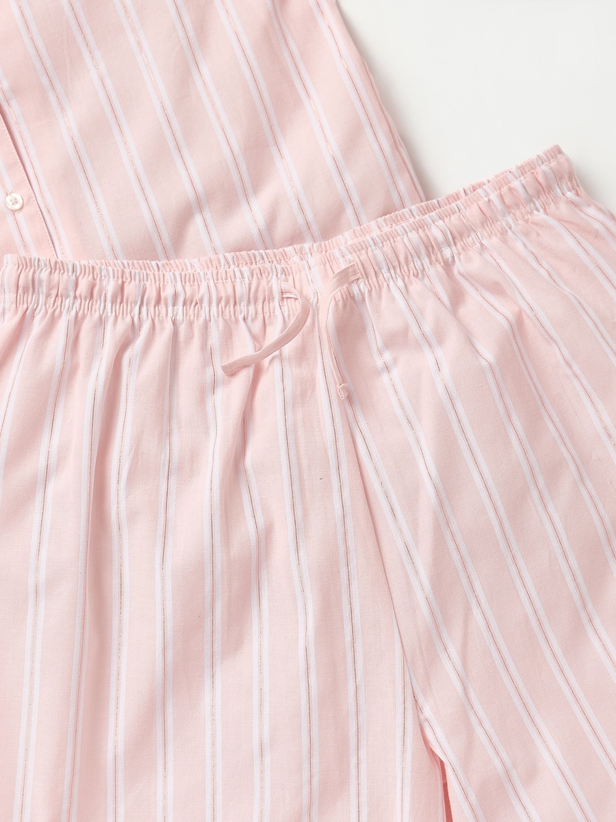 Striped Camp Collar Shirt and Elasticated Shorts Set