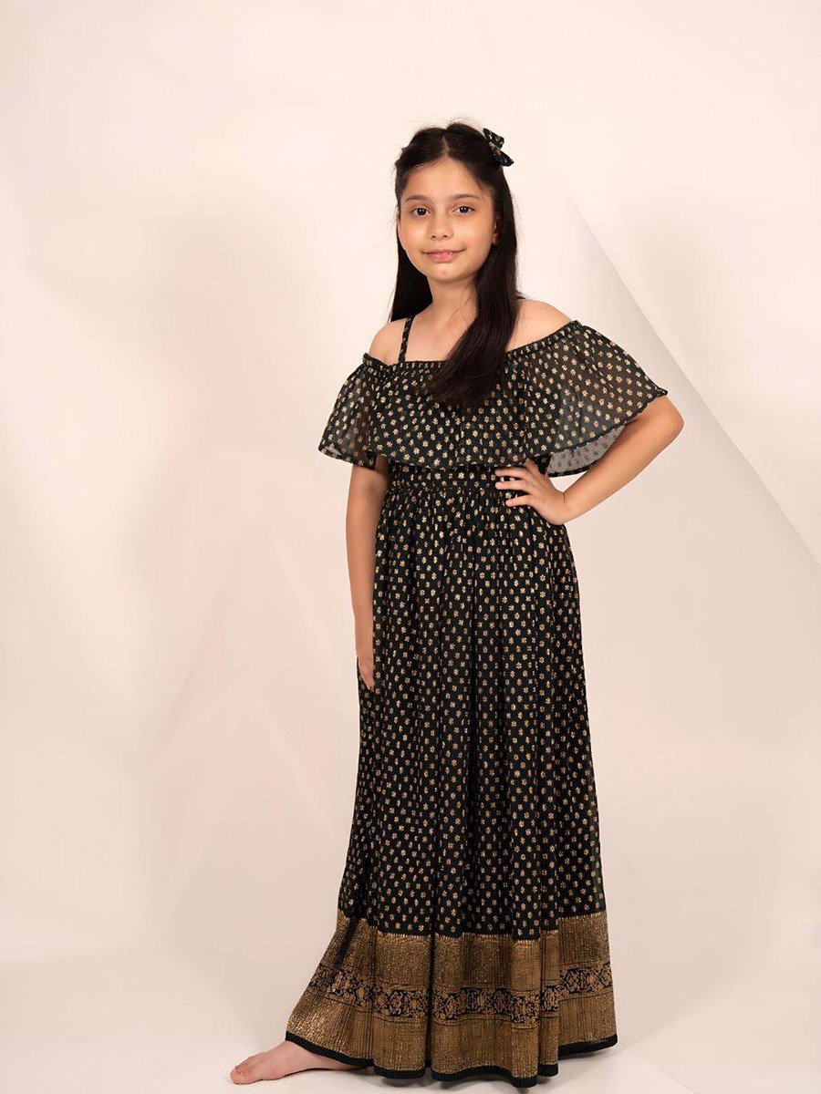 Printed A-Line Off Shoulder Maxi Dress