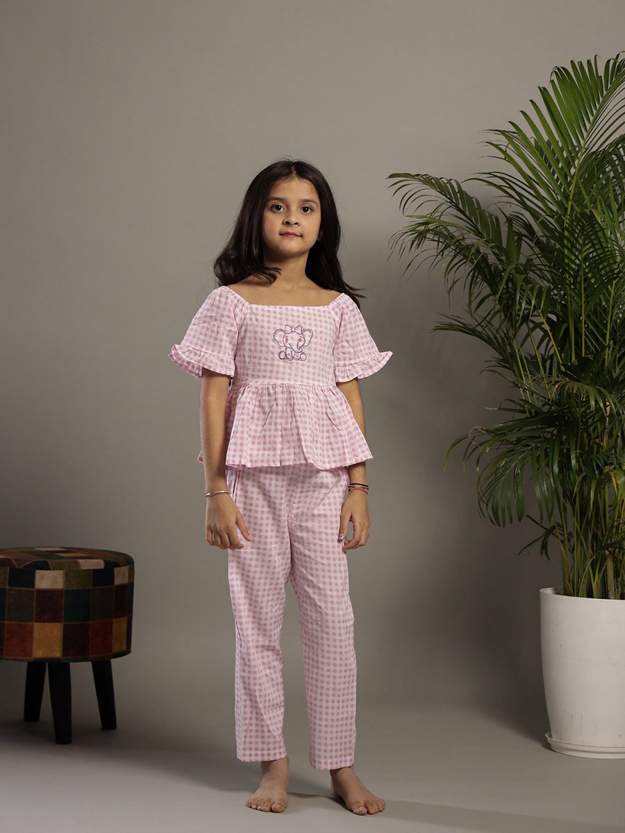 Checked Embroidered Top and Pants Set