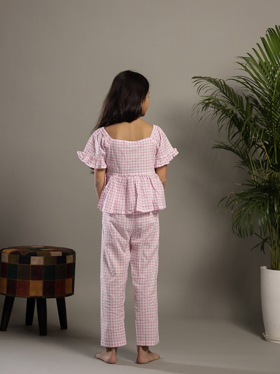 Checked Embroidered Top and Pants Set