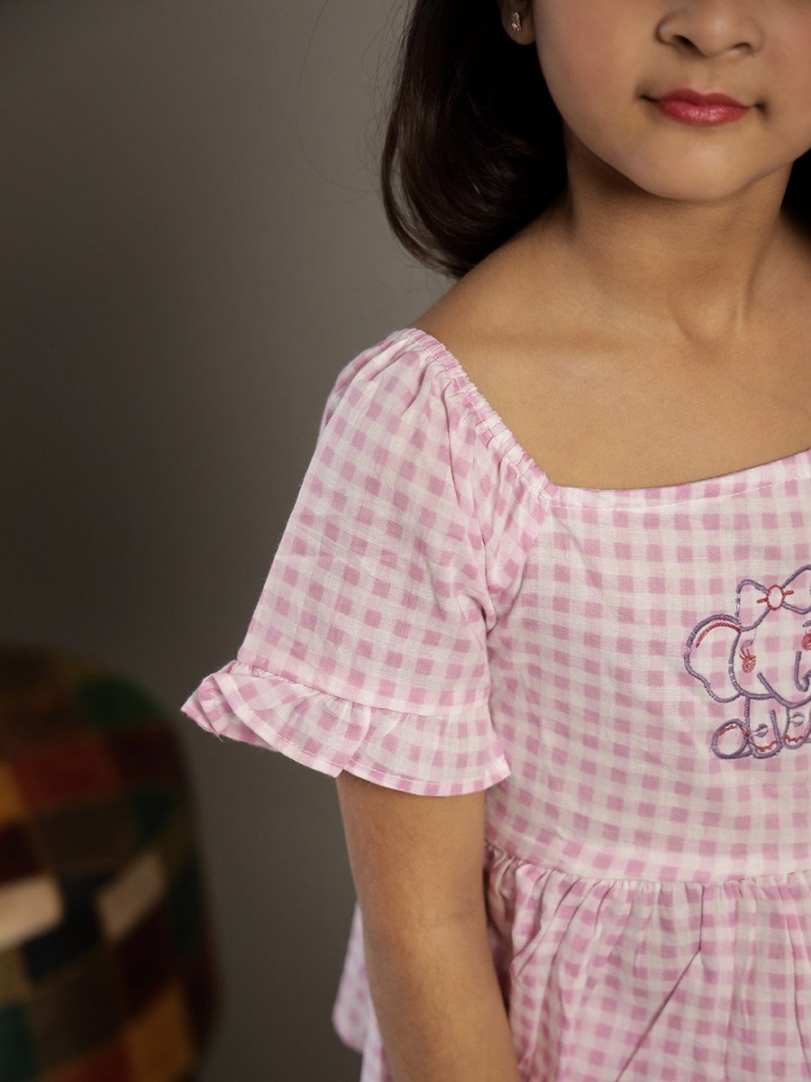 Checked Embroidered Top and Pants Set
