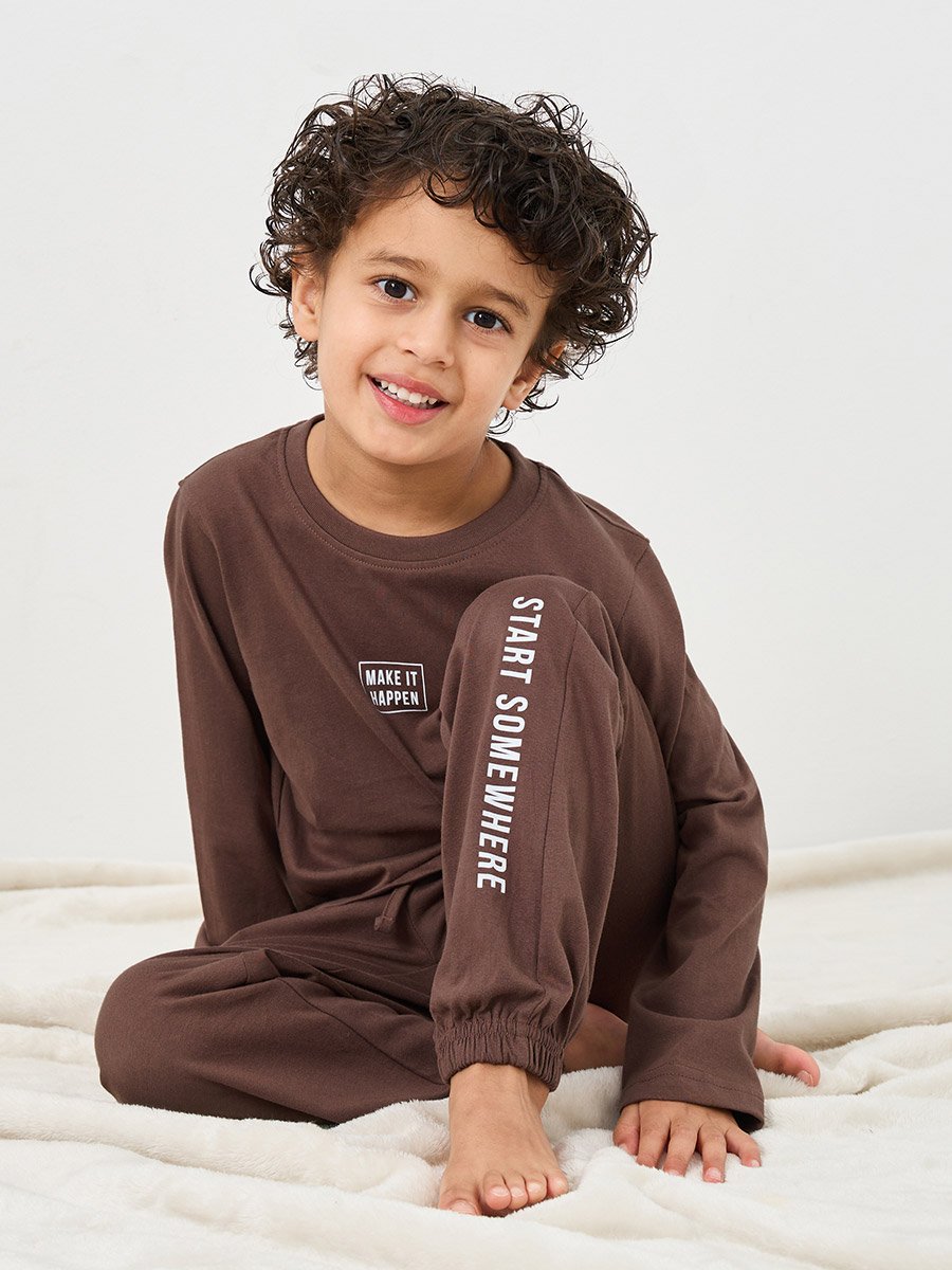 Boys Slogan Print Long Sleeve T-Shirt and Pyjama Set
