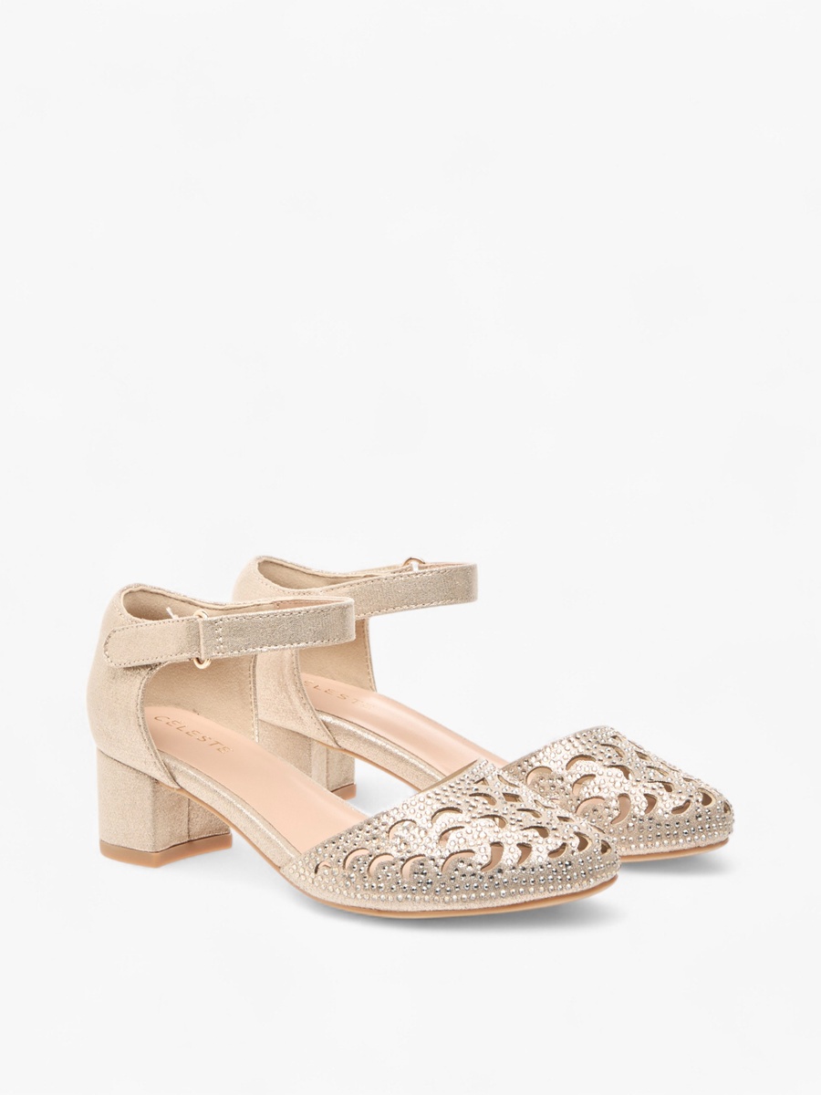 Embellished Block Heel Shoes with Ankle Strap and Cutout Detail