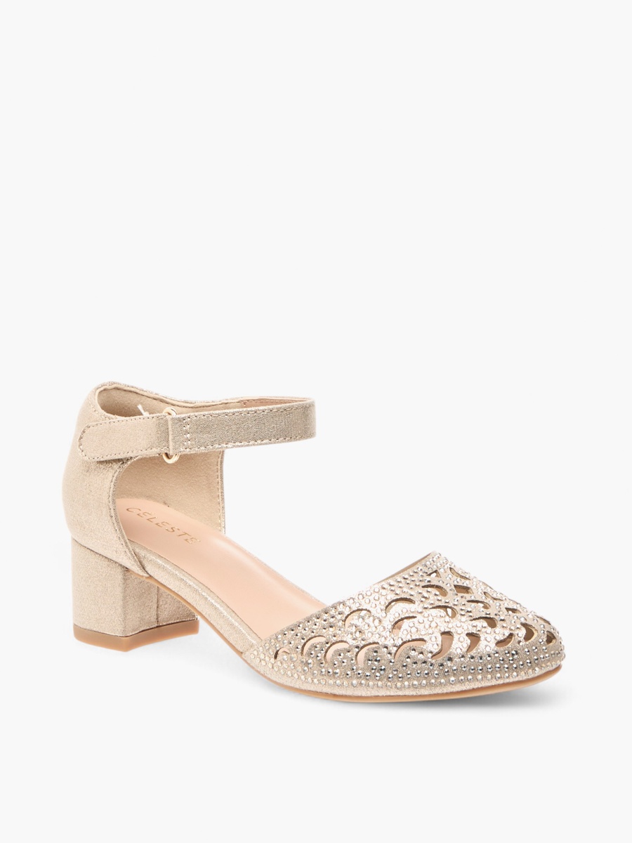 Embellished Block Heel Shoes with Ankle Strap and Cutout Detail