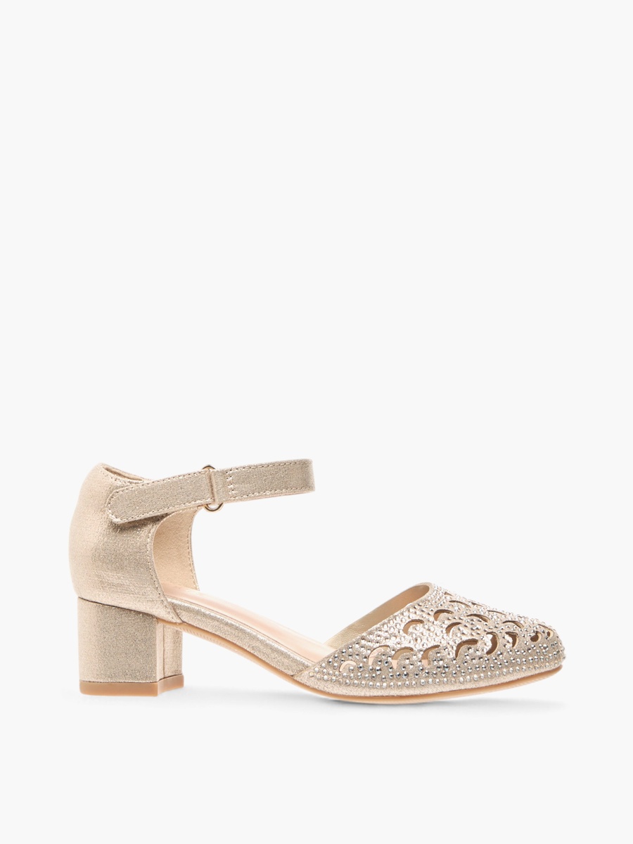 Embellished Block Heel Shoes with Ankle Strap and Cutout Detail