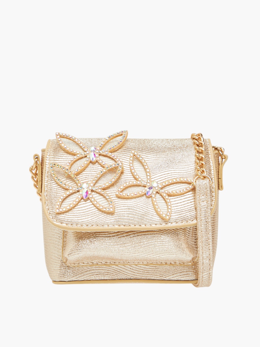 Embellished Crossbody Bag with Chain Strap and Button Closure
