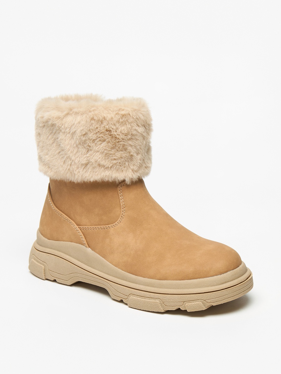 Plush Detail Ankle Boots with Zip Closure