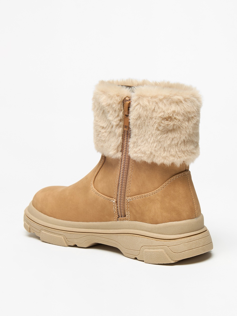 Plush Detail Ankle Boots with Zip Closure