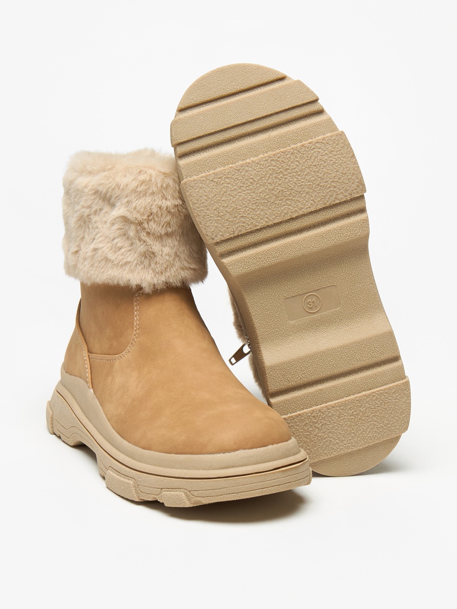 Plush Detail Ankle Boots with Zip Closure