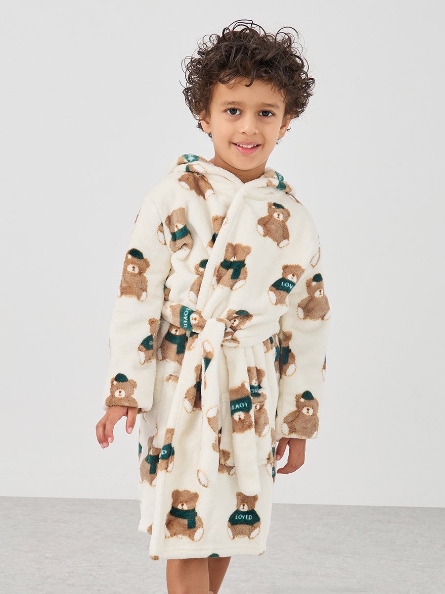Boys Bear Print Hooded Bath Robe