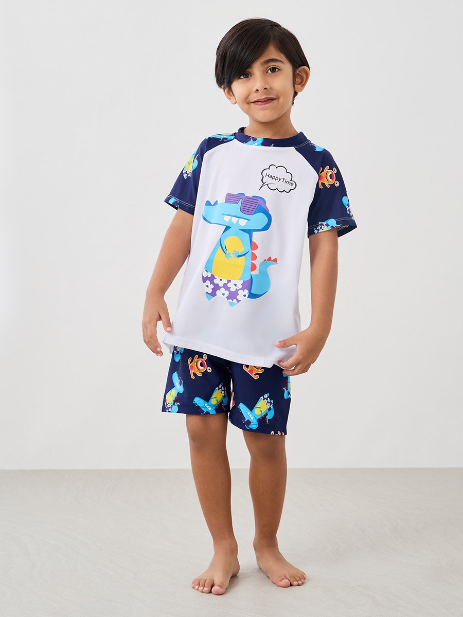 Graphic Print Raglan Sleeve Swim T-Shirt with Shorts and Cap Set