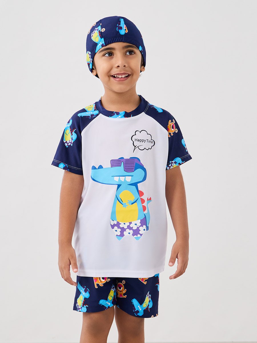 Graphic Print Raglan Sleeve Swim T-Shirt with Shorts and Cap Set