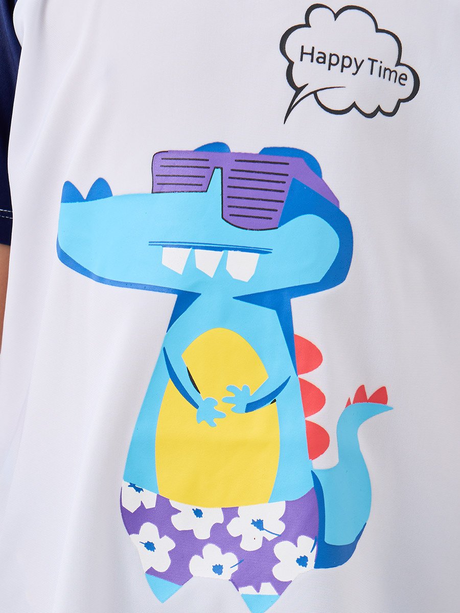 Graphic Print Raglan Sleeve Swim T-Shirt with Shorts and Cap Set