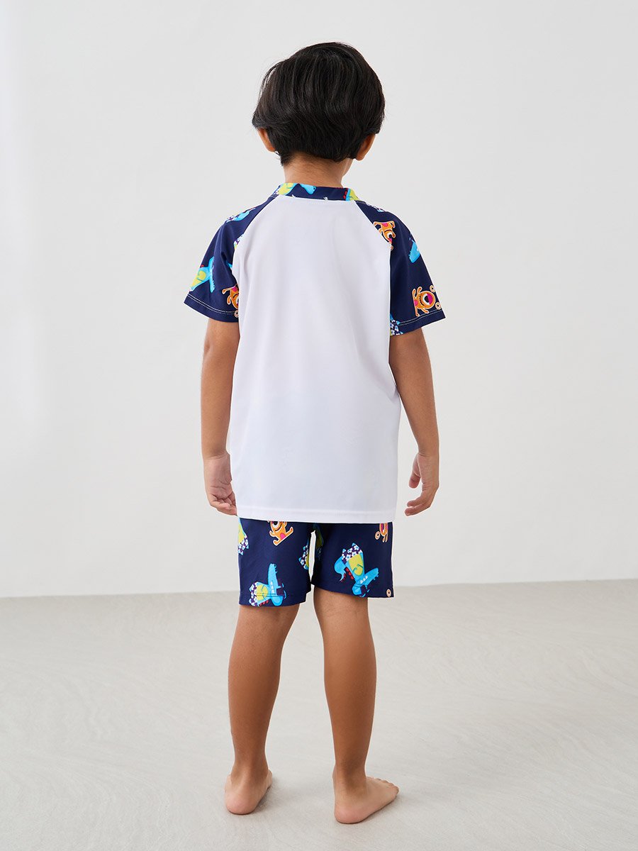 Graphic Print Raglan Sleeve Swim T-Shirt with Shorts and Cap Set