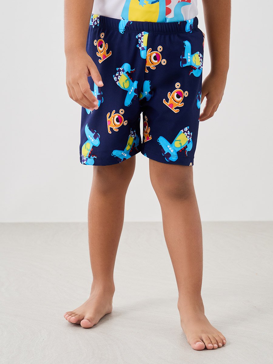 Graphic Print Raglan Sleeve Swim T-Shirt with Shorts and Cap Set