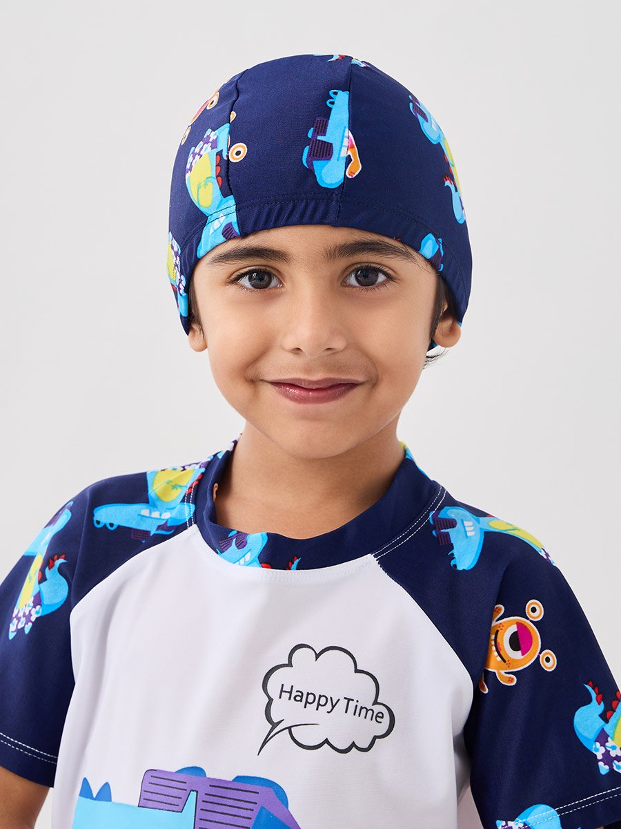 Graphic Print Raglan Sleeve Swim T-Shirt with Shorts and Cap Set