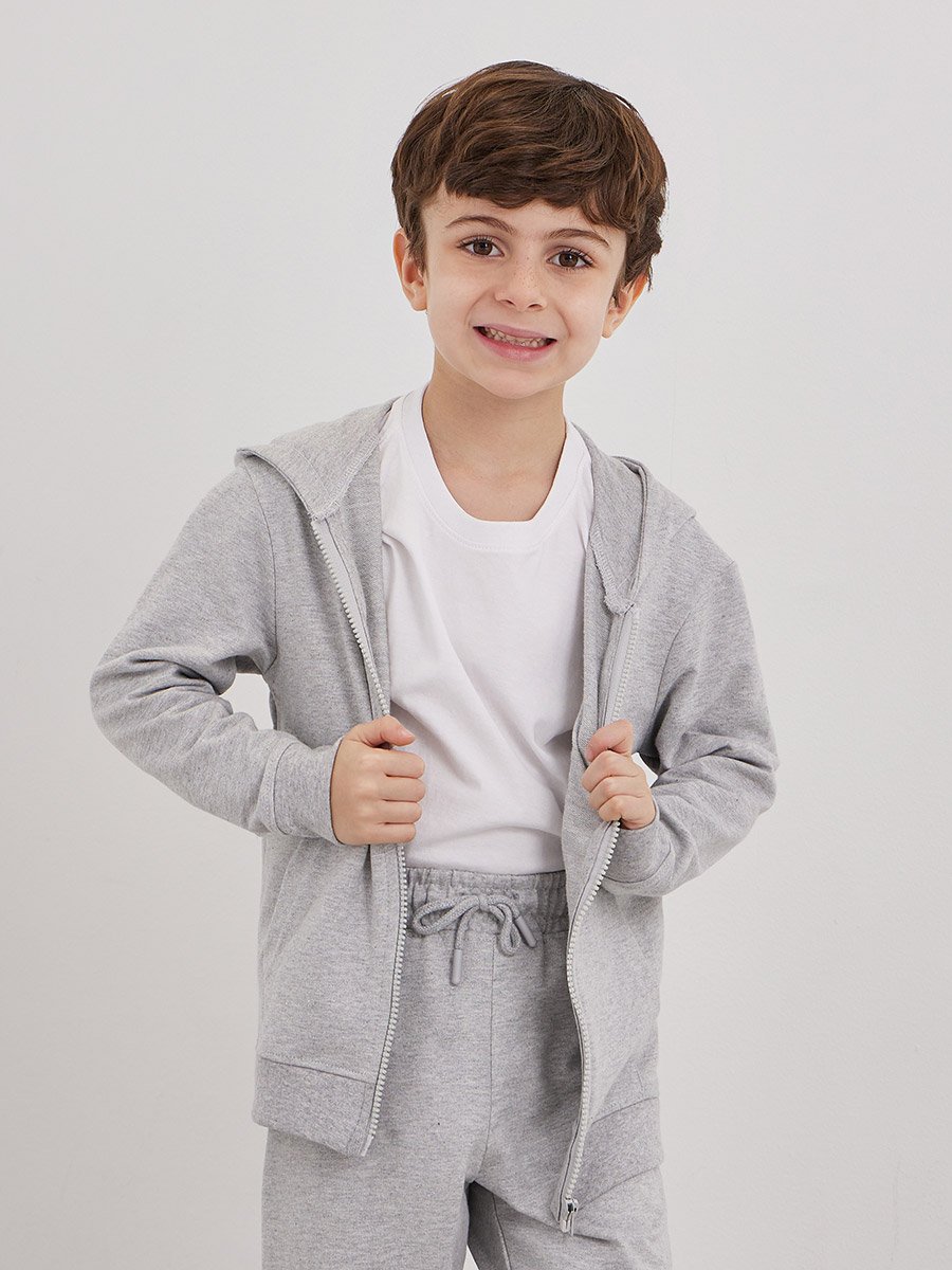 Grey Cotton Full Zip Hoodie with Pocket