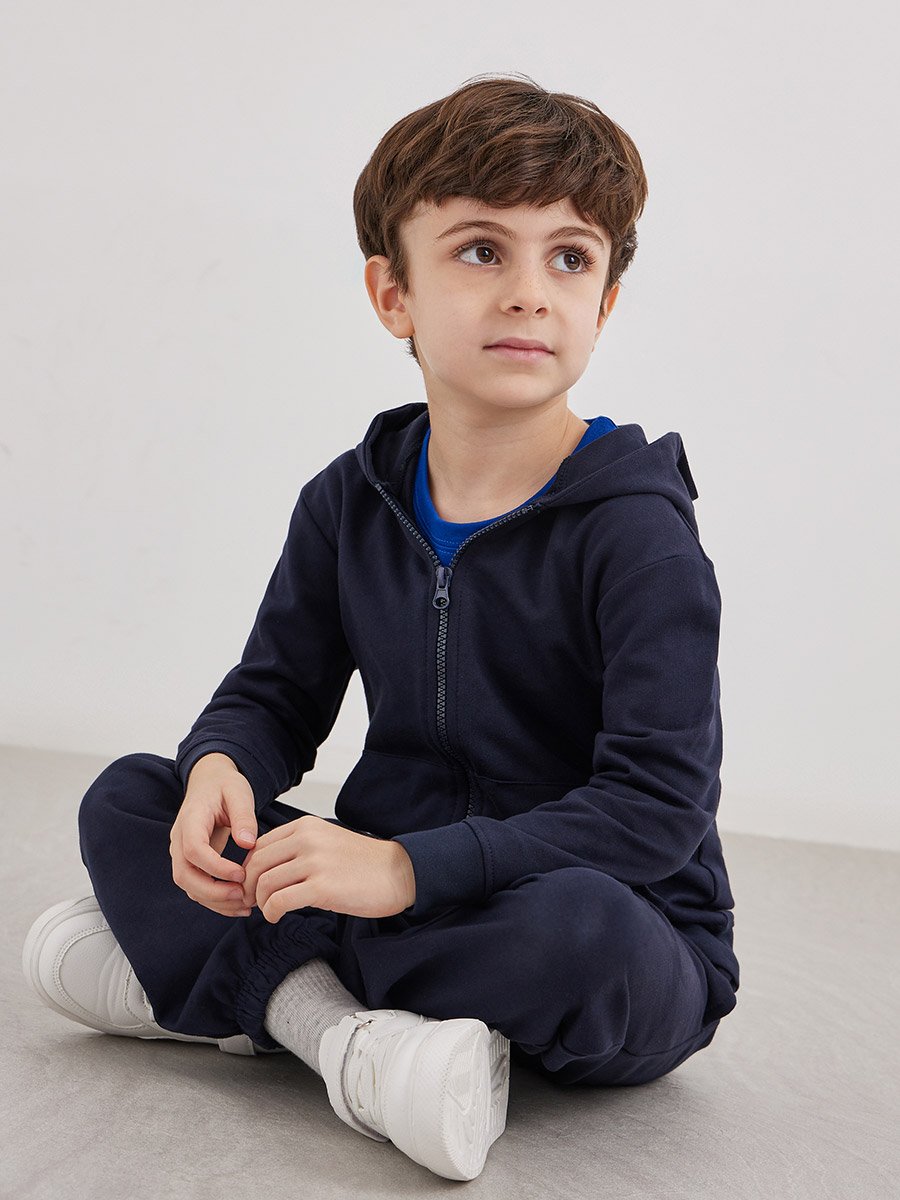 Navy Blue Cotton Full Zip Hoodie with Pocket