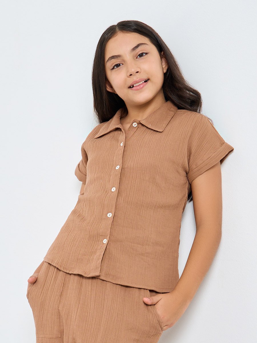 Girls Brown Cotton Double Gauze Shirt