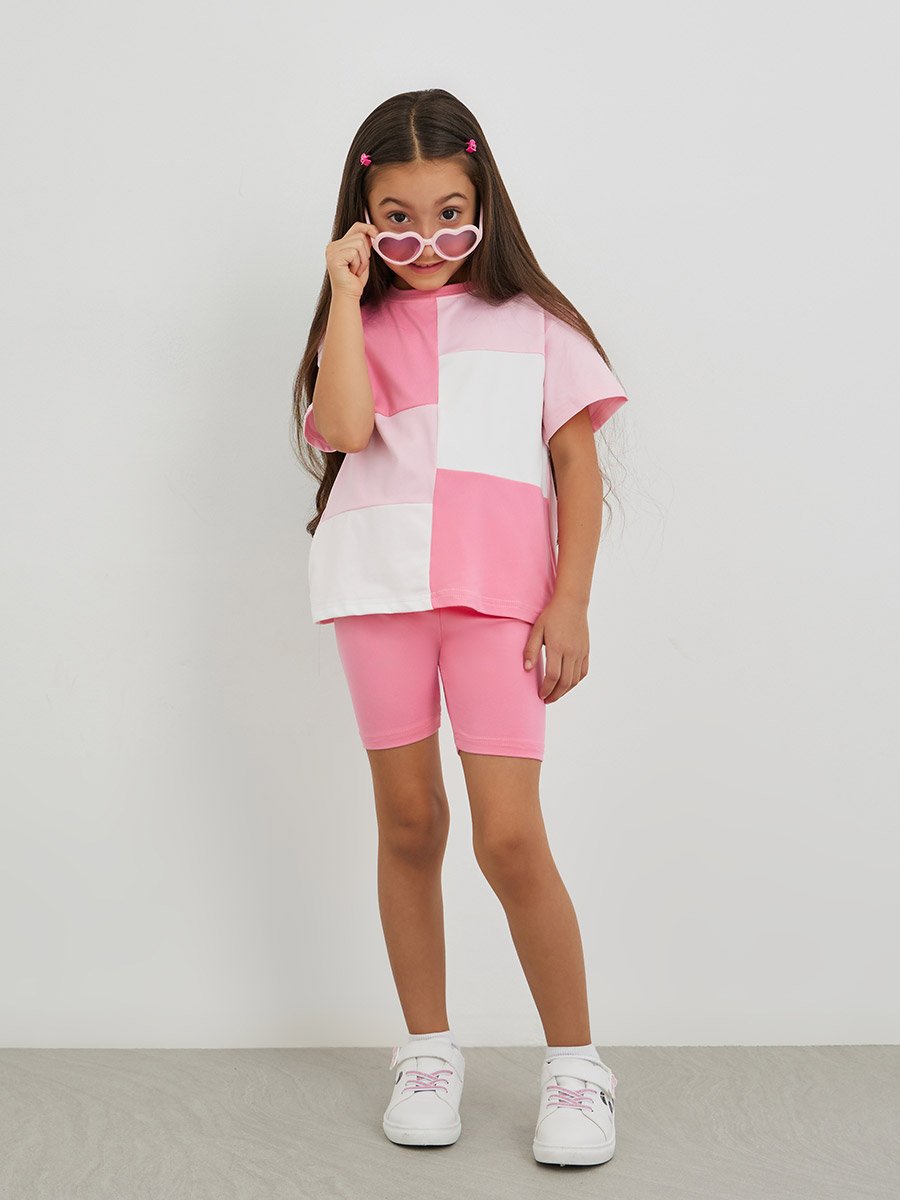 Girls Color Block Oversized T-Shirt and Shorts Set