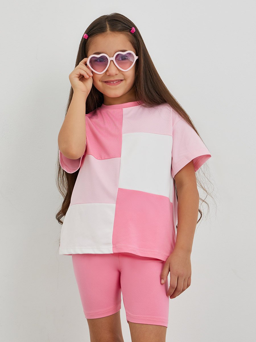 Girls Color Block Oversized T-Shirt and Shorts Set