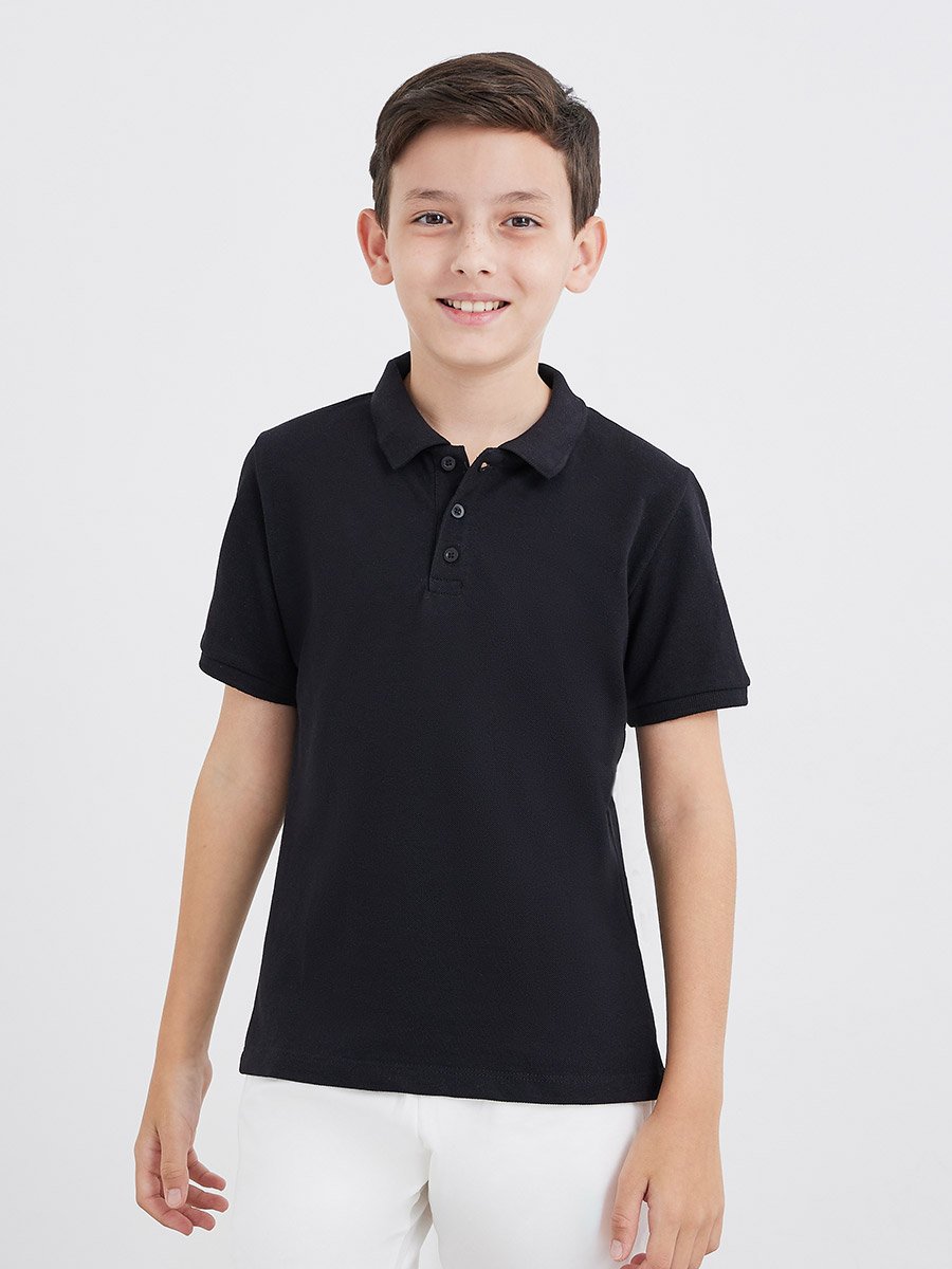 Boys Black Cotton Polo T-Shirt