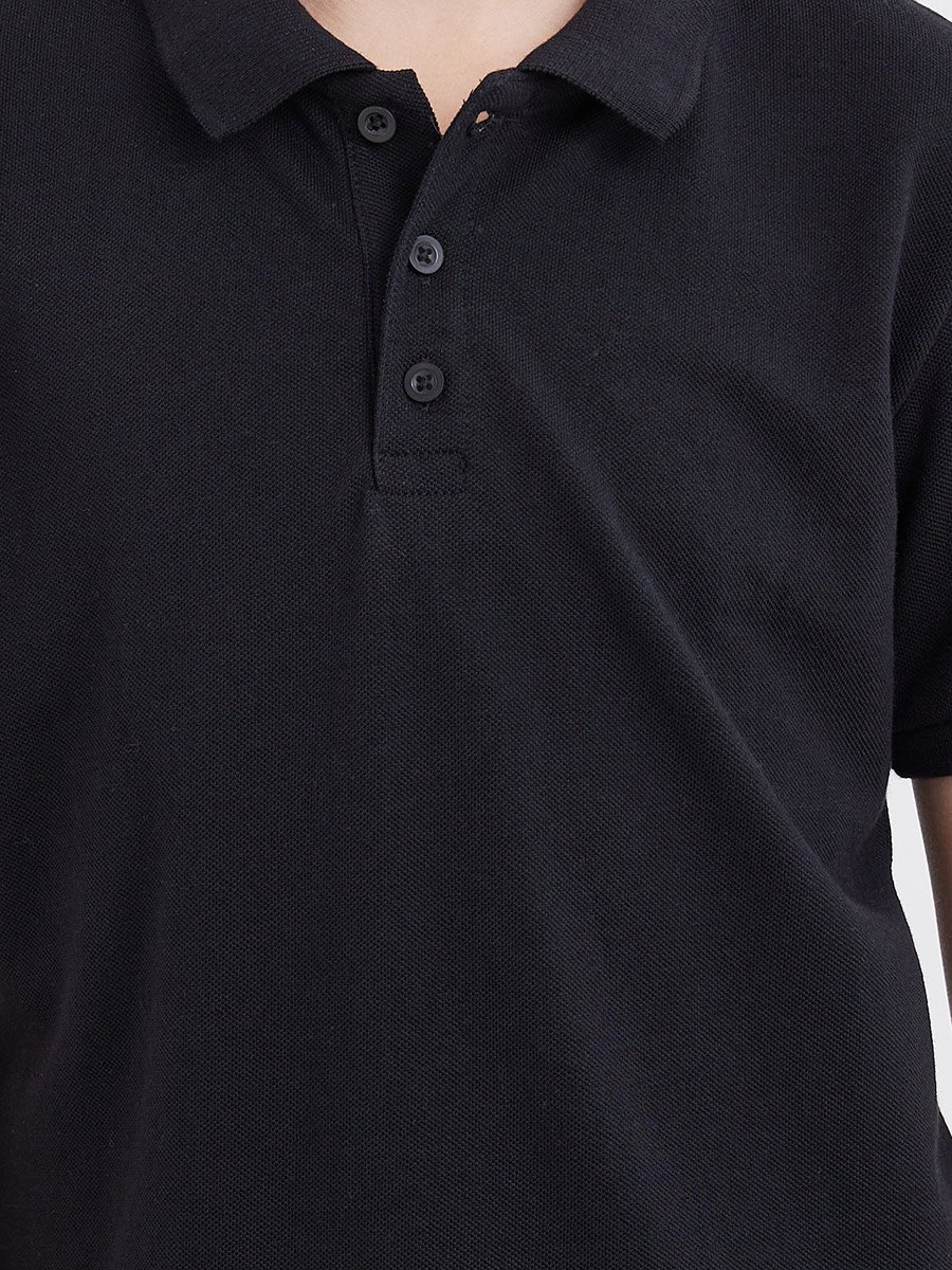 Boys Black Cotton Polo T-Shirt