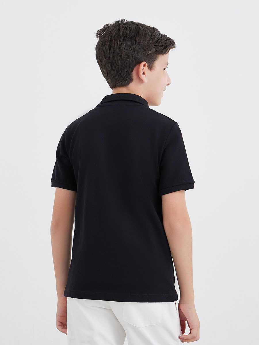 Boys Black Cotton Polo T-Shirt